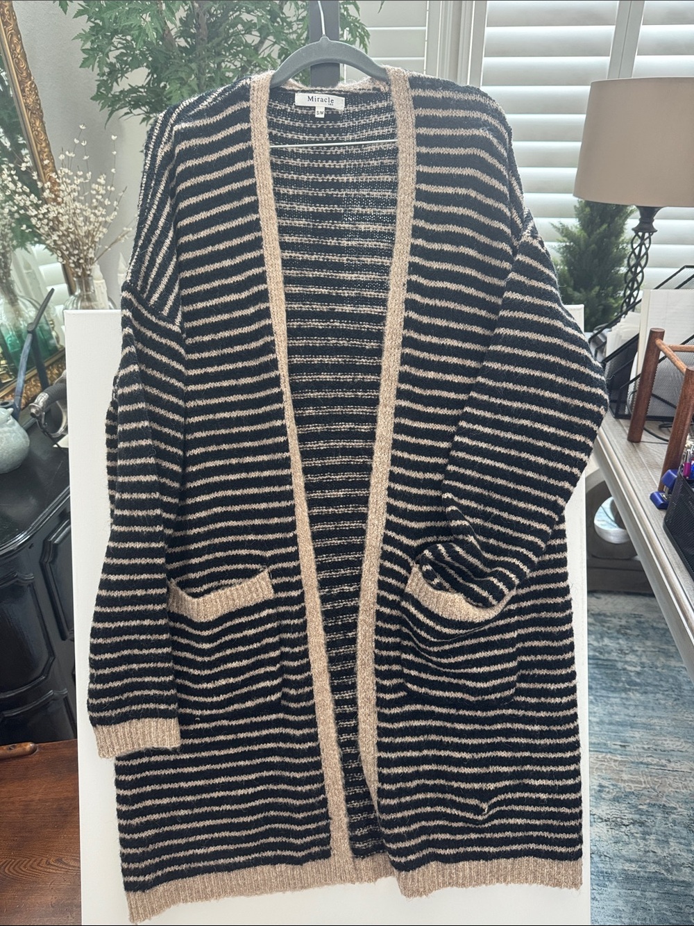 Miracle Striped Open-Front Cardigan - Black & Beige Size Sm/ Med Oversized